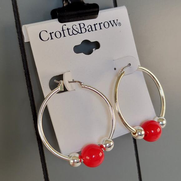 Croft & Barrow Hoop Earrings Red Beads Silver Tone Pierced, Free Gift Bag 1.5 in - Picture 4 of 7